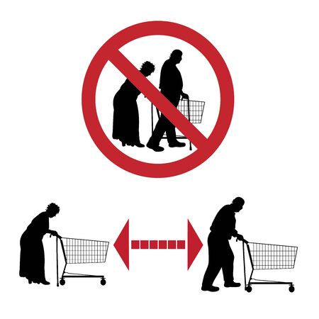 Vector silhouette of keep distance with senior people push shopping cart.のイラスト素材