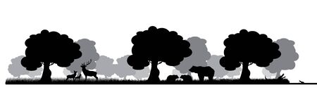 Vector silhouette of different animals in forest on white background. Symbol of nature and wild animals.のイラスト素材