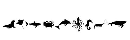 Collection of vector silhouette of water animals on white background. Symbol of nature and ocean creatures.のイラスト素材