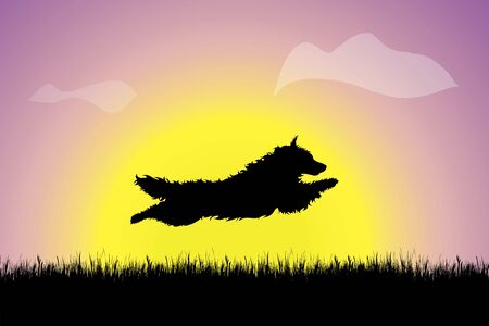 Vector silhouette of dog jumping in the grass at sunset. Symbol of nature.のイラスト素材