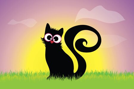 Vector silhouette of kitty sitting in the grass at sunset. Symbol of animal.のイラスト素材