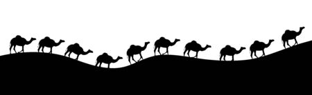 Vector silhouette of walking camels on sand. Symbol of caravan in Sahara.のイラスト素材