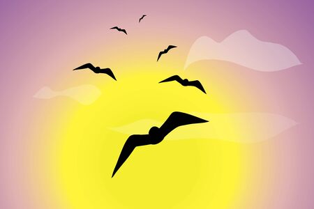 Vector silhouette of flying birds at sunset. Symbol of nature.のイラスト素材