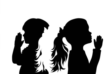 Vector silhouette of couple who pray. Symbol of children.のイラスト素材
