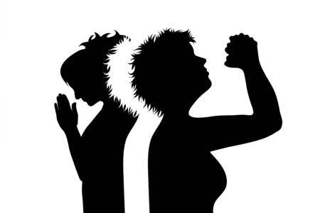 Vector silhouette of couple who pray. Symbol of adult woman.のイラスト素材
