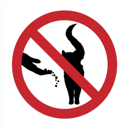 Vector silhouette of do not feeding cat mark on white background. Symbol of prohibition with animal.のイラスト素材
