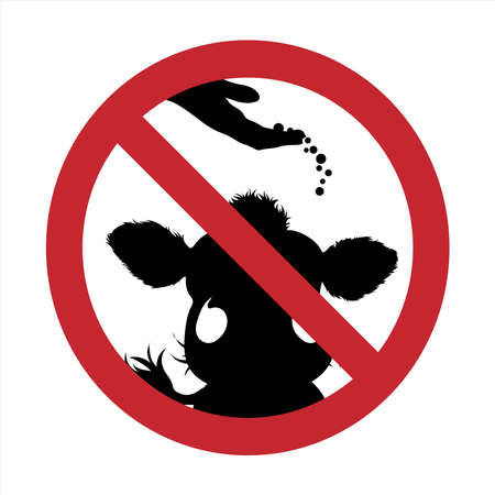 Vector silhouette of do not feeding cow mark on white background. Symbol of prohibition with animal.のイラスト素材
