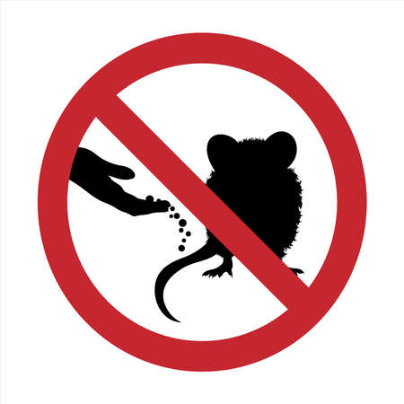 Vector silhouette of do not feeding rats mark on white background. Symbol of prohibition with animal.のイラスト素材
