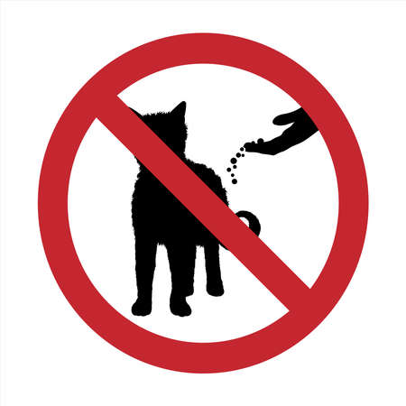 Vector silhouette of do not feeding cat mark on white background. Symbol of prohibition with animal.のイラスト素材