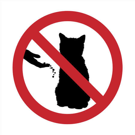 Vector silhouette of do not feeding cat mark on white background. Symbol of prohibition with animal.のイラスト素材