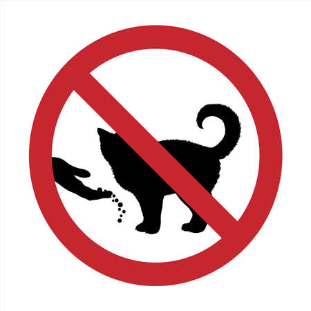 Vector silhouette of do not feeding cat mark on white background. Symbol of prohibition with animal.のイラスト素材