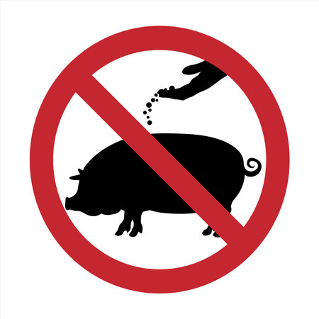 Vector silhouette of do not feeding pig mark on white background. Symbol of prohibition with animal.のイラスト素材