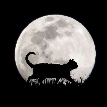 Vector silhouette of cat on moon background. Symbol of night and home animals.のイラスト素材