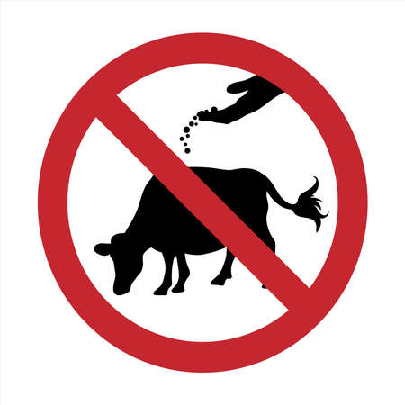 Vector silhouette of do not feeding cow mark on white background. Symbol of prohibition with animal.のイラスト素材