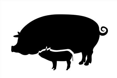Vector silhouette of pig with baby on white background. Symbol of farm animals.のイラスト素材