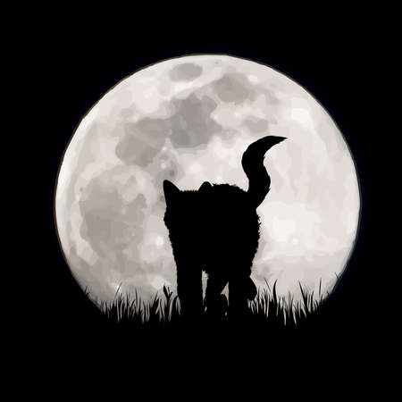 Vector silhouette of cat on moon background. Symbol of night and home animals.のイラスト素材