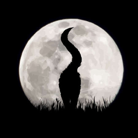 Vector silhouette of cat on moon background. Symbol of night and home animals.のイラスト素材
