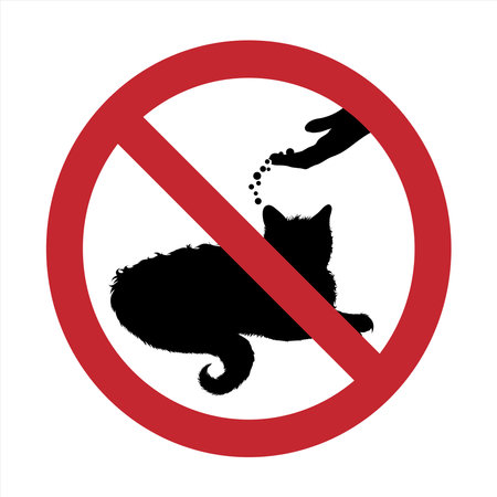Vector silhouette of do not feeding cat mark on white background. Symbol of prohibition with animal.のイラスト素材