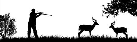 Vector silhouette of poacher hunting antelope in wild nature. Symbol of animal and Africa.のイラスト素材