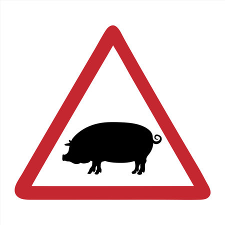 Vector silhouette of attention mark with pig on white background. Symbol of farm animals.のイラスト素材