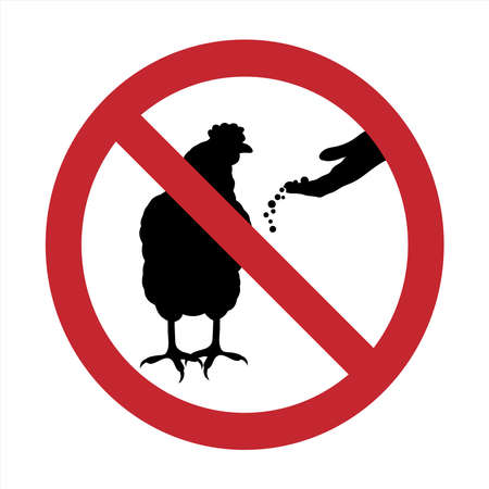 Vector silhouette of do not feeding hen mark on white background. Symbol of prohibition with animal.のイラスト素材