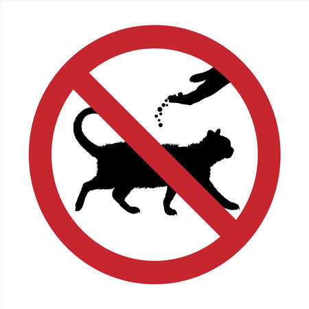 Vector silhouette of do not feeding cat mark on white background. Symbol of prohibition with animal.のイラスト素材