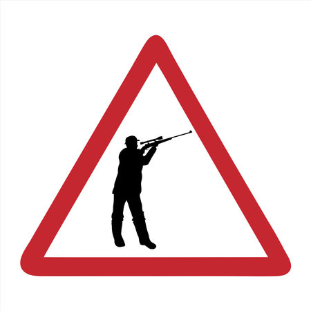 Vector silhouette of attention mark with hunter on white background. Symbol of danger.のイラスト素材