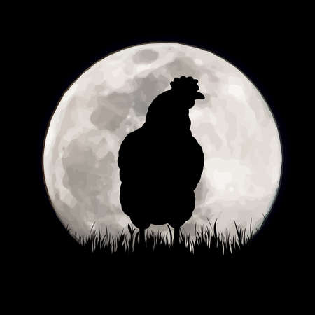Vector silhouette of hen on moon background. Symbol of night and farm animals.のイラスト素材