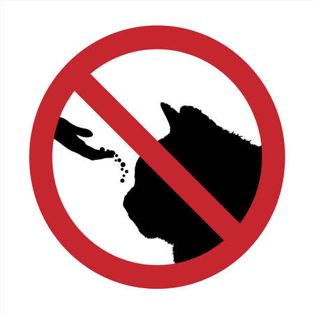 Vector silhouette of do not feeding cat mark on white background. Symbol of prohibition with animal.のイラスト素材