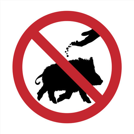 Vector silhouette of do not feeding wild boars mark on white background. Symbol of prohibition with animal.のイラスト素材
