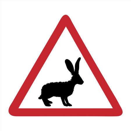 Vector silhouette of attention mark with hare on white background. Symbol of field animals.のイラスト素材