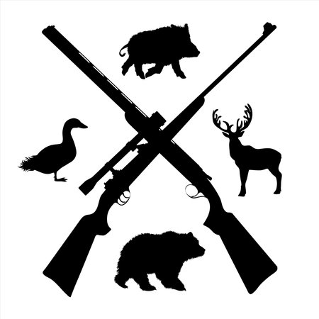 Vector silhouette of crossing guns like symbol of hunting of animals. Set of forest creatures.のイラスト素材