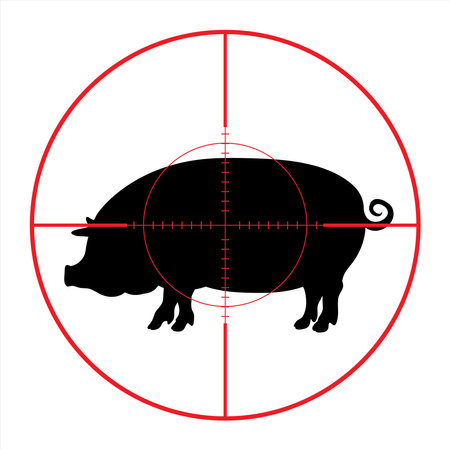 Vector silhouette of pig in rifle sight on slaughterhouse. The farm creatures in focus.のイラスト素材