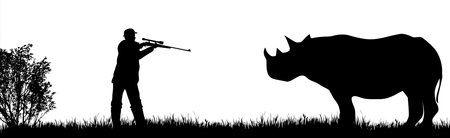 Vector silhouette of poacher hunting rhinoceros in wild nature. Symbol of animal and Africa.のイラスト素材