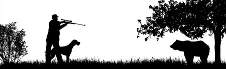 Vector silhouette of hunter with dog hunting bear in forest. Symbol of animal and nature.のイラスト素材