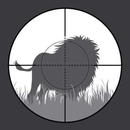 Vector silhouette of lion in rifle sight while hunting. The poacher watches his victim. African animal.のイラスト素材