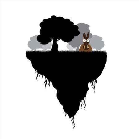 Vector silhouette of piece of land with trees and donkey on white background. Symbol of nature and planet.のイラスト素材
