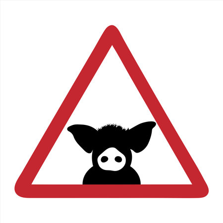 Vector silhouette of attention mark with pig on white background. Symbol of farm animals.のイラスト素材