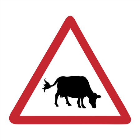Vector silhouette of attention mark with cow on white background. Symbol of farm animals.のイラスト素材