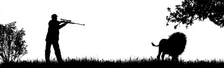 Vector silhouette of poacher hunting lion in wild nature. Symbol of animal and Africa.のイラスト素材