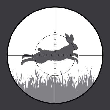 Vector silhouette of jumping hare in rifle sight while hunting. The hunter watches his victim.のイラスト素材