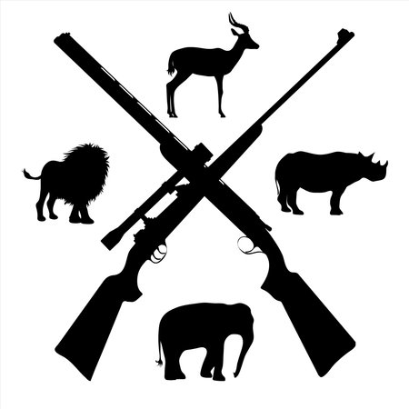 Vector silhouette of crossing guns like symbol of hunting of animals. Set of African creatures.のイラスト素材