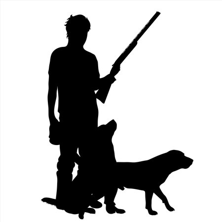 Vector silhouette of hunter with dog hunting with gun. Symbol of killing animals.のイラスト素材