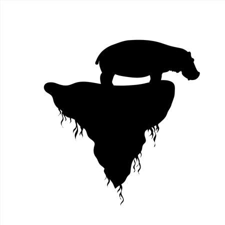 Vector silhouette of piece of land with hippopotamus on white background. Symbol of nature and planet.のイラスト素材