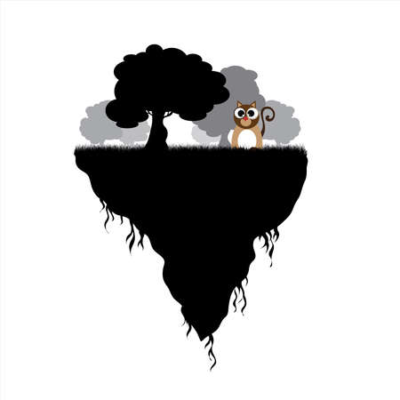 Vector silhouette of piece of land with trees and cat on white background. Symbol of nature and planet.のイラスト素材