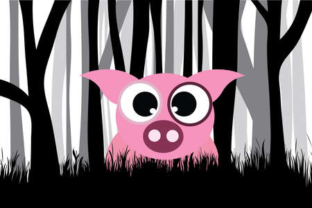 Vector silhouette of forest black and white with pig. Symbol of animal and farm.のイラスト素材