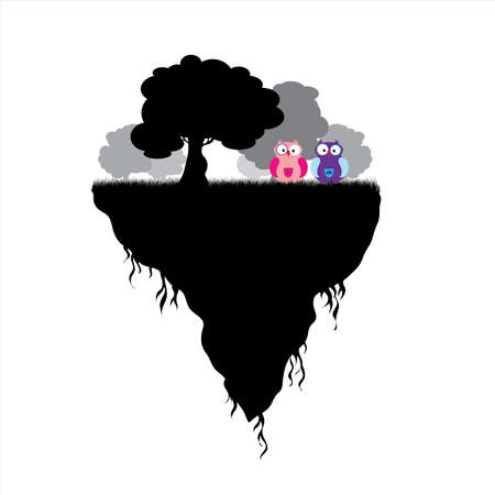 Vector silhouette of piece of land with trees and owls on white background. Symbol of nature and planet.のイラスト素材
