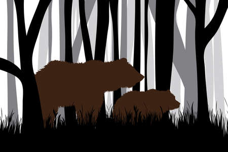Vector silhouette of forest black and white with bear family. Symbol of animal and hunt.のイラスト素材