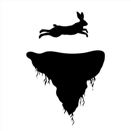 Vector silhouette of piece of land with jumping rabbit on white background. Symbol of nature and planet.のイラスト素材