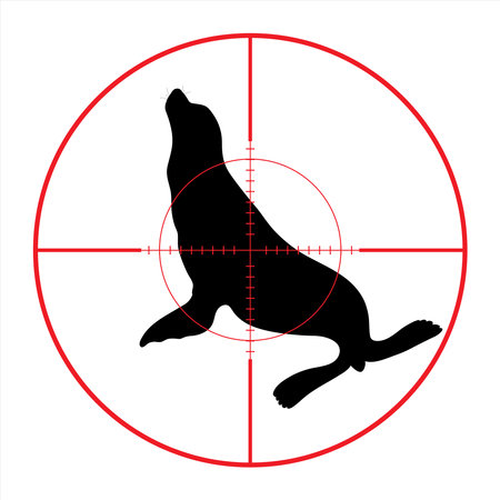 Vector silhouette of sea lion in rifle sight while hunting. The ocean creatures in focus.のイラスト素材